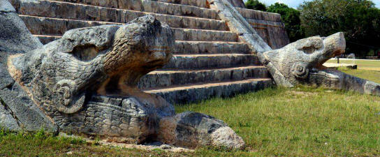 Chichen Itza, Yucatan: Kukulcan, Maya pyramid head carving.