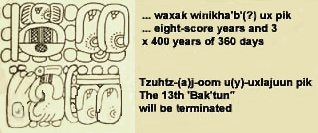 The Mayan glyphs narrating the end of the Mayan calendar cycle: 13th Bak'tun, our 2012 year.